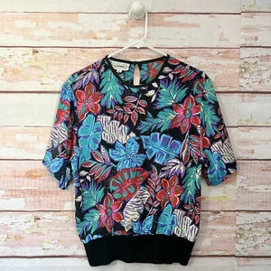 Vintage 80s Tropical Floral Blouse Top Size 8 Black Multicolor Leaves Foliage - Bild 1 von 6