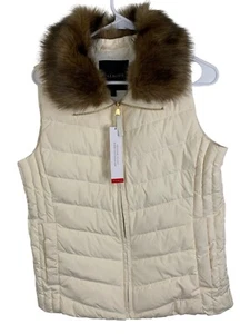 NWT Talbots Cream Quilted Goose Down Vest With Removable Fur Collar Full Zip S - Picture 1 of 8