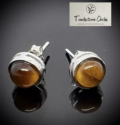 Pendientes Ojo de Tigre Plata 925 Esterlina 7mm Diámetro Tachuelas Piedra Cabujón Real Foto 1 de 4