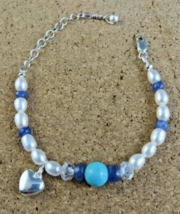 New Tanzanite Turquoise Quartz White Pearl Sterling Silver Heart Bracelet #136 - Picture 1 of 12