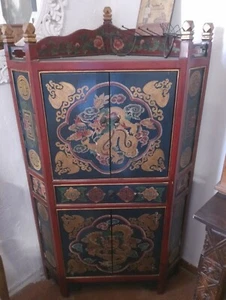 Mobile Credenza Angoliera antica Tibetana Orientale Blu Oro Rossa Giapponese - Foto 1 di 4
