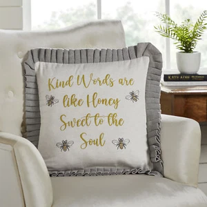 Pillow Embroidered Bee Honey Farmhouse 18x18 Cotton Text Spring Decor VHC Brands - Picture 1 of 8