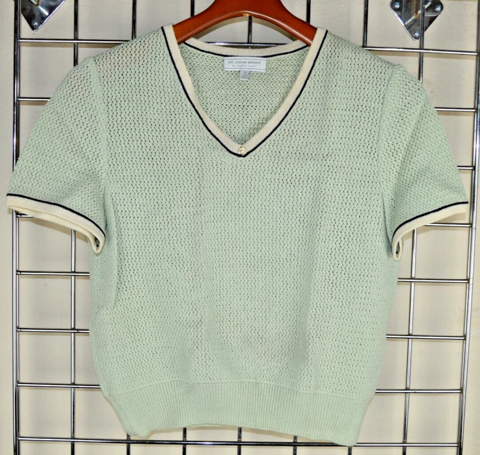 Vintage St John Knit Sweater Size S/M 80s Pale Mint Green Ivory Black Trim - Image 1 of 4