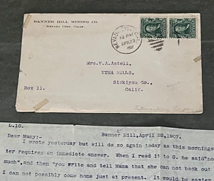 1907 NEVADA CITY CA BANNER HILL MINING AD +3p LETTER +ETNA MILLS DPO (1861-1924) - Picture 1 of 7