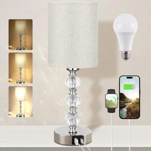 Touch Bedside Crystal Lamps for Bedrooms Nightstand with USB C+A Charging Port 3 - Picture 1 of 9