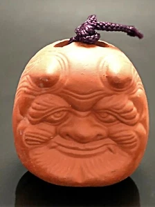 Japanese Clay Bell Dorei Oni Devil Demon Pottery Round Shrine Lucky Charm Art  - Picture 1 of 7