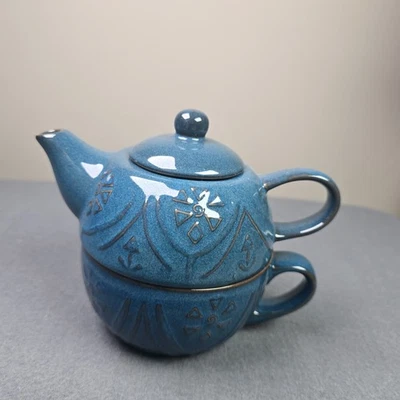 Pier One Tetera Taza en Uno Azul Gres Texturizado Apilable Juego de Té Cerámica Foto 1 de 4