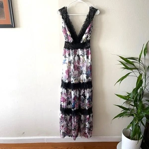 Bebe Y2K Babydoll Maxi Dress Womens 2 Black Pink Floral Tiered Skirt Lace Trim - Picture 1 of 9