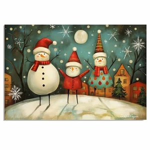 Christmas Folk Art Three Joyful Snowmen Flat Rolled, Framed or Wrapped Canvas - Picture 1 of 19