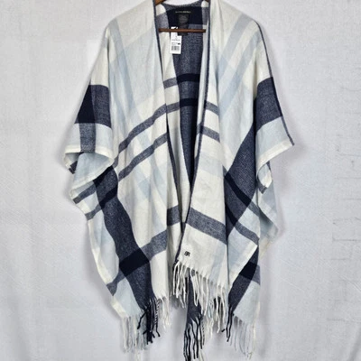 Banana Republic Shawl Wrap Sweater One Size Blue Plaid Cashmere Wool Blend NWT - Image 1 of 4