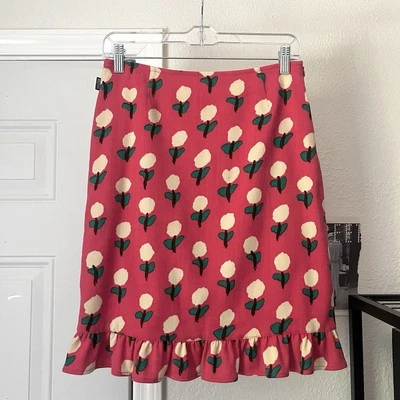 Minifalda vintage MOSCHINO rosa rojo mezcla lana tulipán estampado floral volantes dobladillo Foto 1 de 4