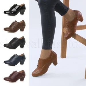 Damen Ladies Block Mittelhoher Absatz Schnürung Cut Out Brogue Booties Schuh Stiefel Größe - Bild 1 von 36