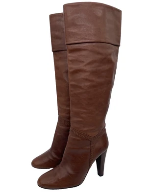 Barbara Bui Brown Leather Knee High Cuff Boots Pull On Heeled Women’s 37 Italy - Image 1 of 4