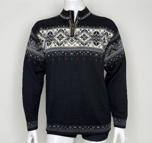 Dale of Norway Sweater Mens Sz L Black Wool 1/4 Zip Elk Leather Traditional Ski - Picture 1 of 16