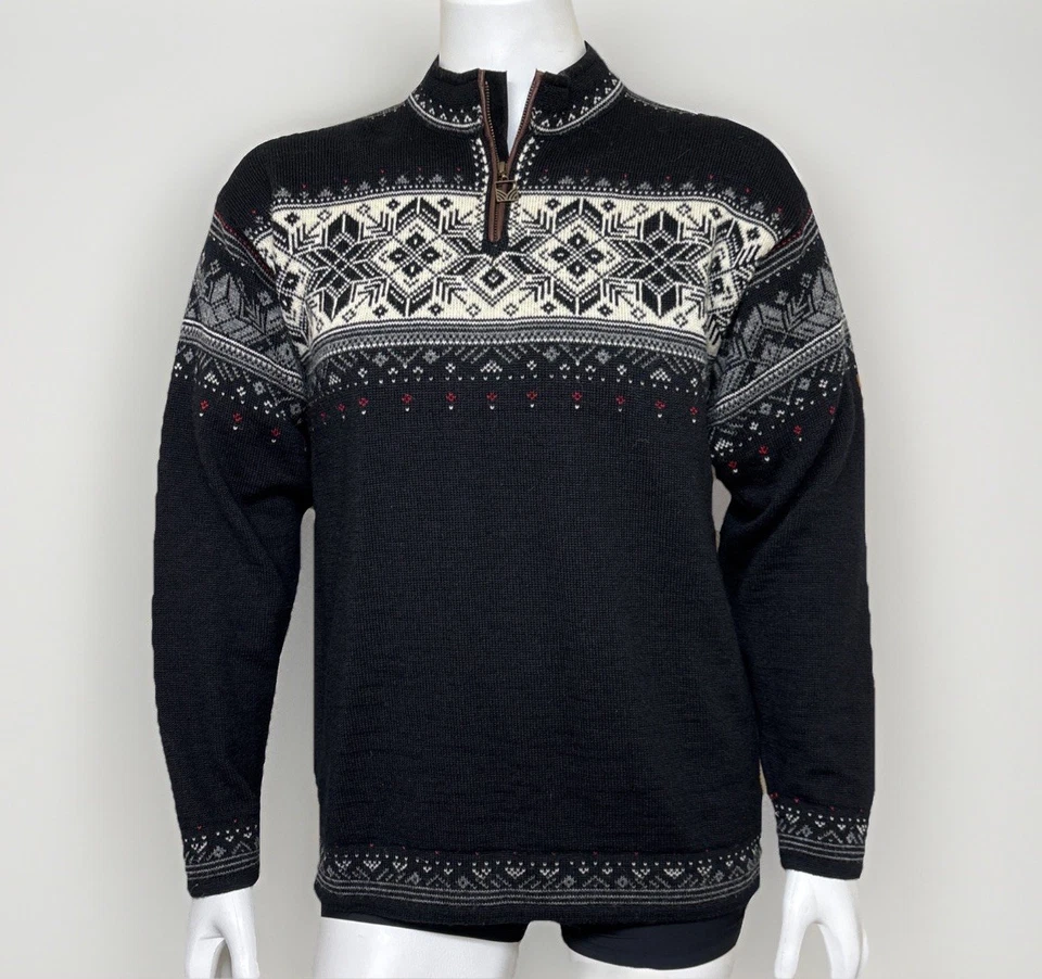 Dale of Norway Sweater Mens Sz L Black Wool 1/4 Zip Elk Leather Traditional Ski - Image 1 of 4
