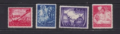 German India 1943 WWII Azad Hind Perforated  Mint Stamps - Set of 4 - Lot AH01 - Image 1 of 3