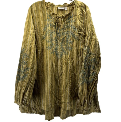 LOGO Lori Goldstein Tunic Top 1X Green Embroidered Cotton Popover Ruffle Boho - Image 1 of 4