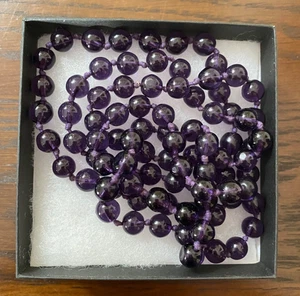 Vintage DEEP PURPLE Glass Bead Hand Knotted Flapper Necklace ~ 38" Total Length - Picture 1 of 12