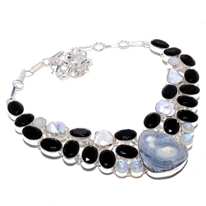 Collar de plata 925 con piedras preciosas de piedra lunar druzy natural del desierto, ónix negro s217 - Imagen 1 de 6