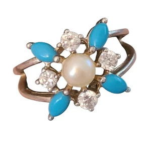 VTG 925 Silver Signed NV Pearl & Blue Turquoise Flower Unique Cocktail Ring SZ 8 - Picture 1 of 7