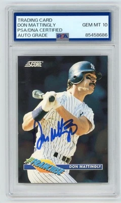 Tarjeta de béisbol firmada por Don Mattingly Yankees 1993 Score Franchise + PSA Auto 10 Foto 1 de 2