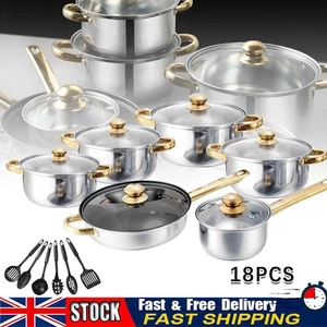 18 Pcs Stainless Steel Cookware Saucepan Set Pan Pot Kitchen Cooking with Lid - Picture 1 of 13