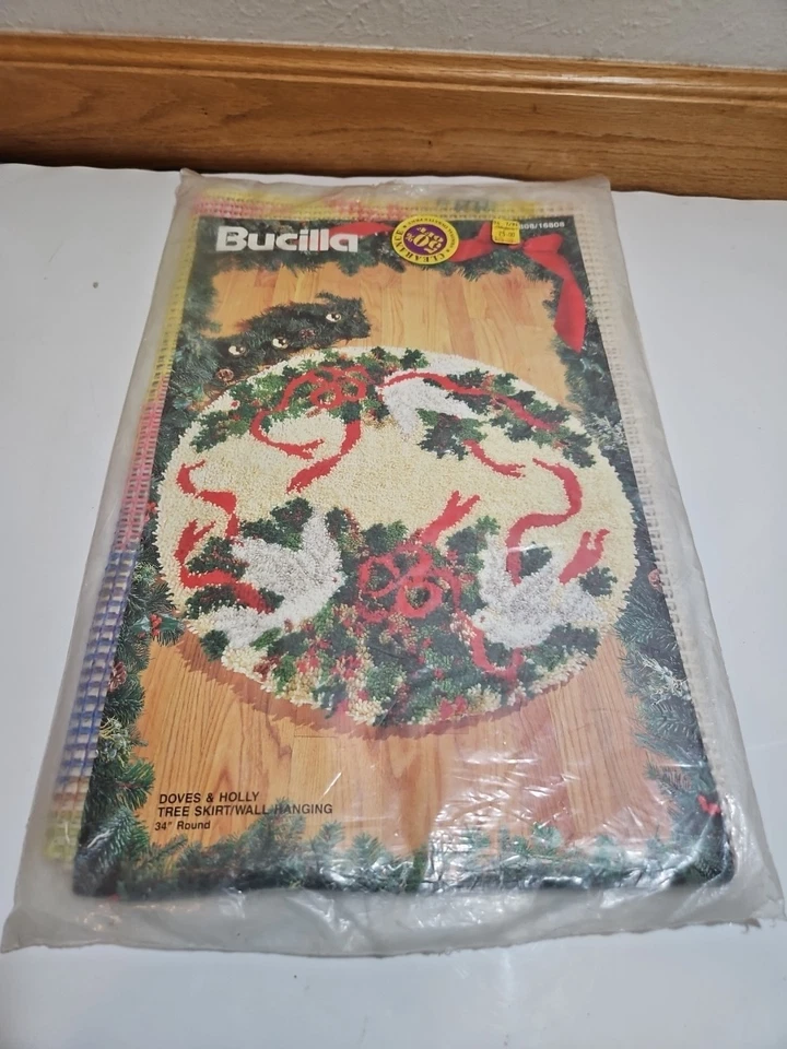 Bucilla Doves & Holly Tree Skirt/ Wall Hanging Latch Hook Canvas ONLY #16808 VTG - Image 1 of 4