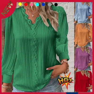 Woman V-neck Simple Chiffon Shirt Autumn Lantern LongSleeve Pullover Top Elegant - Image 1 of 4