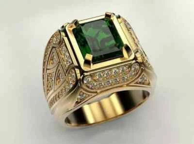 Anillo de boda para hombre enchapado en oro amarillo de 14 quilates con esmeralda verde creado corte esmeralda de 3 quilates Foto 1 de 4