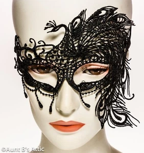 Mardi Gras Mask Beautiful Delicate Black Crocheted Peacock Design Eye Mask - Picture 1 of 1