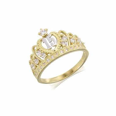 10K Solid Yellow Gold CZ Crown Sweet 15 Ring Quinceanera Anos Birthday Band Girl - Image 1 of 3