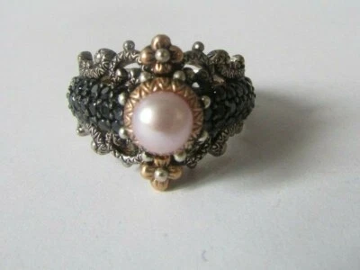 Barbara Bixby Sterling/18K Cultured Pink Pearl Black Sapphire Ring Size 8 - Image 1 of 4