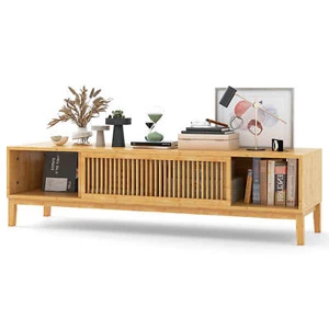 TV Stand for TVs up to 65 Inches w/ Sliding Slatted Doors 5 Cable Holes - Picture 1 of 9