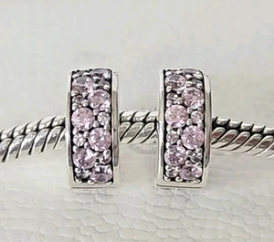 Genuine Pandora Bracelet Clip Charms - Silver & Pink Pave Clips x2 S925 ALE - Picture 1 of 7