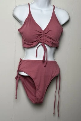 Nuevo con etiquetas Conjunto de Bikini Corbatas con Corbatas Acanaladas Rosa Polvorienta Zaful Cuello en V Cintura Alta Talla M Foto 1 de 4