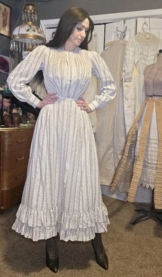 Victorian White/Brown "Dottie" open ribbon stripe cotton Day Dress - Image 1 of 4