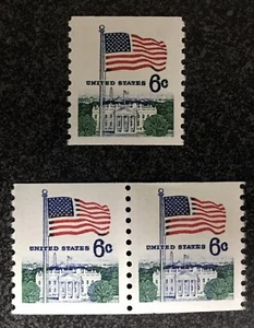 US1969 #1338A 6c Flag & White House - Coil Single & Pair  Mint NH - Picture 1 of 1