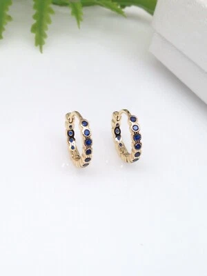 925 Sterling Silver All Around Huggie Hoop Earrings Navy Blue CZ Women 13mm/10mm - Image 1 of 4