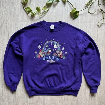 Moletom vintage anos 90 OREGON gola redonda inverno pássaros Jerzees L EUA lã roxa - Imagem 1 de 4