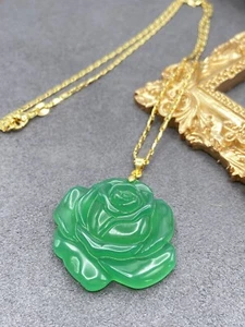Jade Rose Flower Pendant Charm Necklace W/ 18K Gold Plated Chain Handmade Carved - Picture 1 of 7