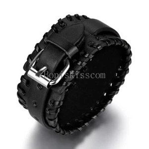 Mens Punk Wide Leather Belt Wrap Bracelet Strap Buckle Cuff Wristband Adjustable - Picture 1 of 4