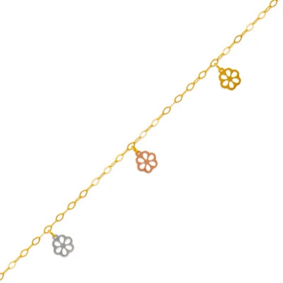 Pulsera tobillera con dije de flores de oro tricolor de 14K cadena alta pulida de 10" para mujer Foto 1 de 2