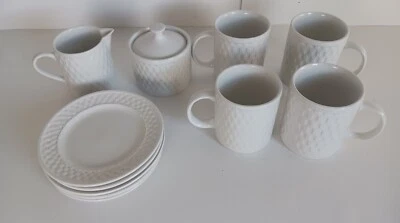 11 Pc Set of Oneida Wicker Basket Weave White China Creamer, Sugar, Cup, Saucer  Foto 1 de 4