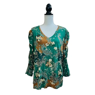 CATO блузка верхний женщин 18/20 Вт зеленый пейсли цветочный принт собранными в Рюш рукавами V шеи - Изображение 1 из 4