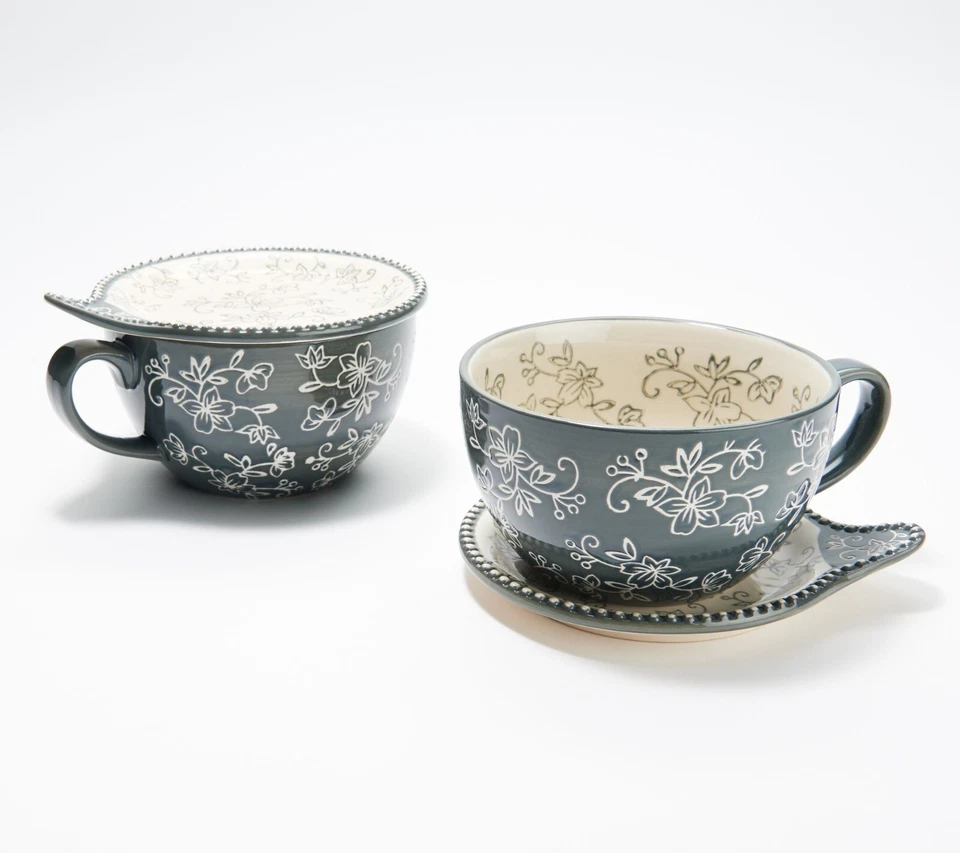 Juego de 2 tazas de sopa con tapa de encaje floral Temp-tations K51255 gris Foto 1 de 1