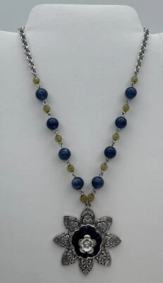 Collar Robert Rose Flor Colgante Cuentas Azul Verde Plata Ajustable Foto 1 de 4