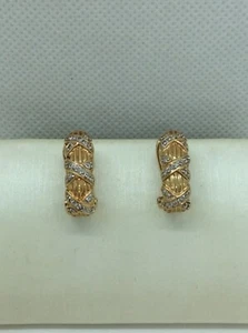 Vintage 14KT / Diamonds J Hoop Omega Back Earrings Hugs and  kisses style - Picture 1 of 5