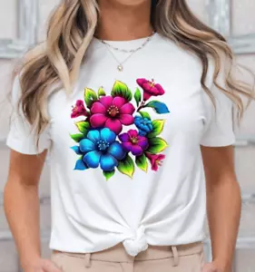 Multi-Colored Tropical Flowers Women T Shirt - Picture 1 of 5