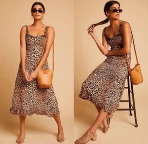 Faithfull the Brand Noemie Dress Leopard Midi Length Slip Smocked Zip Size XS 2 - Picture 1 of 12