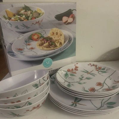 Juego de vajilla de melamina Martha Stewart floral libélula 12 piezas nueva caja abierta Foto 1 de 4